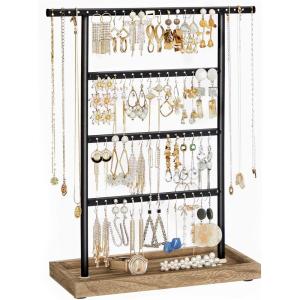 imageSONGMICS Jewelry Organizer 4Tier Earring Holder Organizer Stand with Base Tray for Studs and Necklaces Vintage Wood Color and White UJJS019W01Wood Color  Black