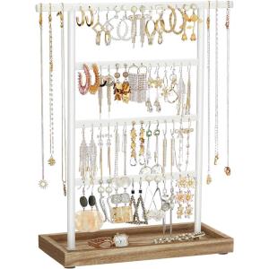 imageSONGMICS Jewelry Organizer 4Tier Earring Holder Organizer Stand with Base Tray for Studs and Necklaces Vintage Wood Color and White UJJS019W01Wood Color  White