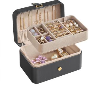 imageSONGMICS Jewelry Organizer Box Travel Jewelry Case 2Layer Travel Case for Earrings Necklaces Bracelets  Portable Jewelry Storage with Large Capacity Gift Idea Cloud White UJBC166W01Slate Gray