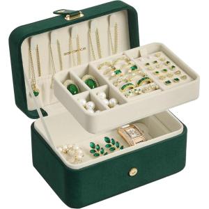 imageSONGMICS Jewelry Organizer Box Travel Jewelry Case 2Layer Travel Case for Earrings Necklaces Bracelets  Portable Jewelry Storage with Large Capacity Gift Idea Cloud White UJBC166W01Retro Green