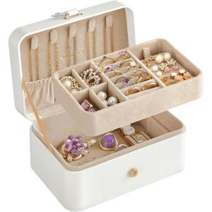 imageSONGMICS Jewelry Organizer Box Travel Jewelry Case 2Layer Travel Case for Earrings Necklaces Bracelets  Portable Jewelry Storage with Large Capacity Gift Idea Cloud White UJBC166W01Cloud White