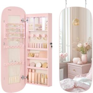 imageSONGMICS Jewelry Organizer LED Jewelry Cabinet WallDoor Mounted Lockable Rounded Wide Mirror with Storage Interior Mirror 39 x 165 x 425 Inches White Surface with Greige LiningJelly Pink  Cream White