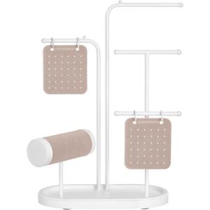 imageSONGMICS Jewelry Stand Jewelry Organizer Jewelry Display Holder with Metal Frame 2 Earring Boards 4 Hanging Rods Necklace Earring Bracelet Holder for Watches Ink Black UJJS025B01Cloud White