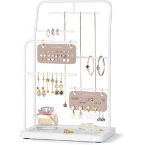 imageSONGMICS Jewelry Stand Jewelry Organizer Jewelry Display Holder with Metal Frame 2 Earring Boards 6 Hanging Rods Necklace Earring Bracelet Holder for Rings Metallic Gold UJJS024A01Cloud White