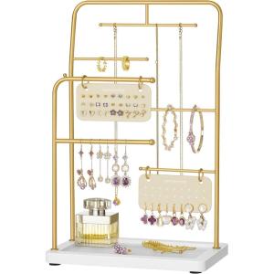 imageSONGMICS Jewelry Stand Jewelry Organizer Jewelry Display Holder with Metal Frame 2 Earring Boards 6 Hanging Rods Necklace Earring Bracelet Holder for Rings Metallic Gold UJJS024A01Metallic Gold
