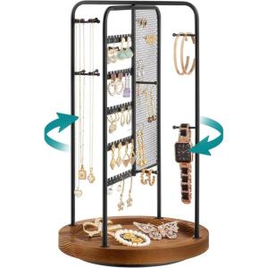 imageSONGMICS Jewelry Stand Rotating Jewelry Display 4 Independent Sections Metal Frame with Bottom Tray Jewelry Organizer for Necklaces Bracelets Earrings Rings Gift Idea Black UJJS023B01Black