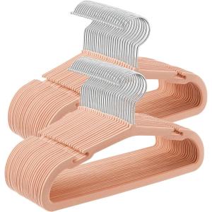 imageSONGMICS Kids Hangers 50 Pack 14 x 8 Inches NonSlip Velvet Baby Hangers for Closet SpaceSaving Wide Shoulder Notches Dove Gray UCRF038G01Coral Pink