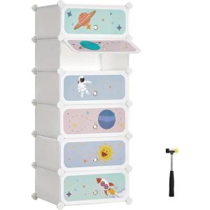 imageSONGMICS Kids Shoe Rack with Doors 6Slot Stackable Storage Organizer Plastic Wardrobe Toys Books Clothes 122 x 169 x 413 Inches Cloud White ULPC904W01