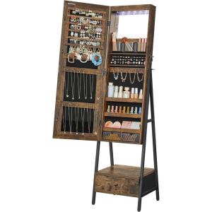 imageSONGMICS LED Cabinet Standing Lockable Jewelry Armoire with FullLength Mirror SpaceSaving Jewelry Organizer with Mirror Bottom Drawer and Shelf Gift Idea Rustic Brown UJJC025X01Rustic Brown