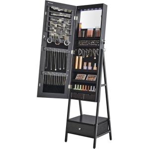 imageSONGMICS LED Cabinet Standing Lockable Jewelry Armoire with FullLength Mirror SpaceSaving Jewelry Organizer with Mirror Bottom Drawer and Shelf Gift Idea Rustic Brown UJJC025X01Ink Black