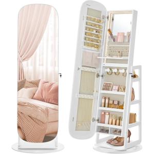 imageSONGMICS LED Jewelry Cabinet 360 Swivel Jewelry Organizer Lockable Mirror Jewelry Cabinet Standing Rounded Wide FullLength Mirror with Storage Shelves Interior Mirror Cloud White UJJC036W01Cloud White