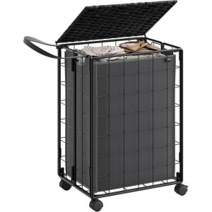 imageSONGMICS Laundry Hamper 90L Laundry Basket with Lid Clothes Hamper with Wheels Collapsible Removable Liner Bag IronMade Laundry Sorter Ink Black and Slate Gray ULCB290B11Ink Black  Slate Gray
