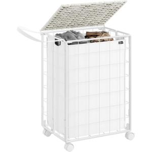 imageSONGMICS Laundry Hamper 90L Laundry Basket with Lid Clothes Hamper with Wheels Collapsible Removable Liner Bag IronMade Laundry Sorter Ink Black and Slate Gray ULCB290B11Cloud White