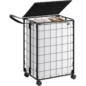 imageSONGMICS Laundry Hamper 90L Laundry Basket with Lid Clothes Hamper with Wheels Collapsible Removable Liner Bag IronMade Laundry Sorter Ink Black and Slate Gray ULCB290B11Ink Black  Cloud White