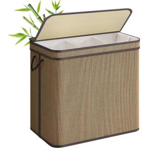 imageSONGMICS Laundry Hamper with Lid Bamboo Laundry Basket Removable Machine Washable Laundry Basket with Handles 264Gallons for Laundry Room Bedroom Bathroom Ink Black ULCB63HBrown
