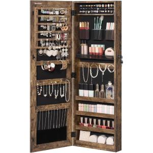 imageSONGMICS Mirror Jewelry Cabinet Armoire Wall or Door Mounted Jewelry Storage Organizer Hanging Lockable Frameless Mirror Cabinet with 2 Cosmetic Organizers Gift Idea Toasted Oak Color UJJC001N01Textured Brown