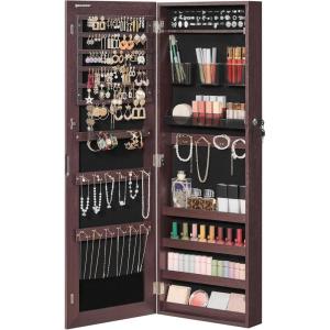 imageSONGMICS Mirror Jewelry Cabinet Armoire Wall or Door Mounted Jewelry Storage Organizer Hanging Lockable Frameless Mirror Cabinet with 2 Cosmetic Organizers Gift Idea Toasted Oak Color UJJC001N01Brown
