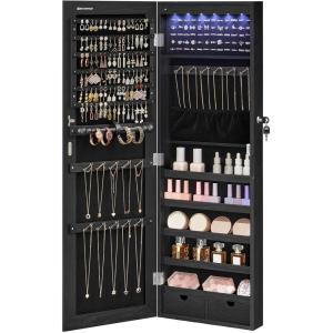 imageSONGMICS Mirror Jewelry Cabinet Armoire Wall or Door Mounted Jewelry Storage Organizer Hanging Lockable Frameless Mirror Cabinet with 2 Cosmetic Organizers Gift Idea Toasted Oak Color UJJC001N01Ink Black