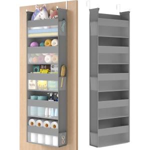 imageSONGMICS Over The Door Organizer Hanging Door Organizer with 5 Large Pockets 5Tier Fabric Storage Transparent Nylon Mesh Foldable Metal Hooks with Side Pouches Dove Gray URDH007G01Dove Gray