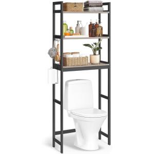 imageSONGMICS OverTheToilet Storage 3Tier Bathroom Organizer Over Toilet with Adjustable Shelves Hooks Bamboo Freestanding Space Saver Bathroom Shelves Heather Greige and Ink Black UBTS012W01Heather Greige  Ink Black