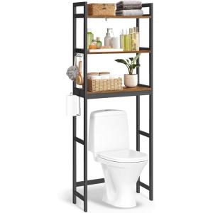 imageSONGMICS OverTheToilet Storage 3Tier Bathroom Organizer Over Toilet with Adjustable Shelves Hooks Bamboo Freestanding Space Saver Bathroom Shelves Heather Greige and Ink Black UBTS012W01Rustic Brown  Ink Black