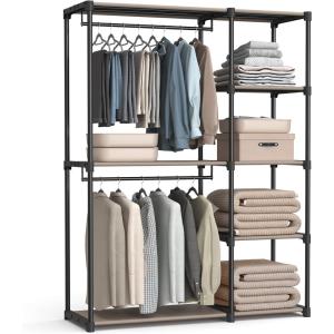 imageSONGMICS Portable Closet Freestanding Closet Organizer Clothes Rack with Shelves Hanging Rods Storage Organizer for Cloakroom Bedroom 717 x 169 x 717 Inches Black URYG037B02Brown