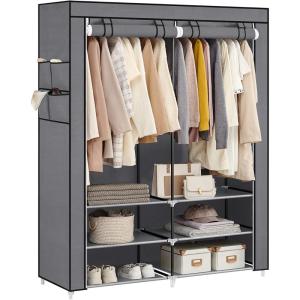 imageSONGMICS Portable Closet Wardrobe with Shoe Rack and Cover Closet Storage Organizer 2 Hanging Rods Shelves and 4 Side Pockets 50 x 177 x 693 Inches Spacious for Bedroom Black URYG008B02Grey