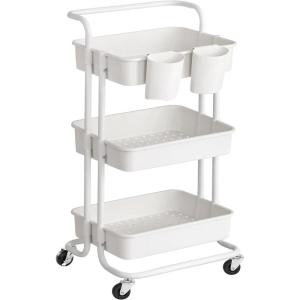 imageSONGMICS Rolling Cart 3Tier Storage Cart Storage Trolley with Handle 2 Small Organizers Steel Frame Plastic Baskets Utility Cart Easy Assembly for Bathroom Laundry Room White UBSC067W01White