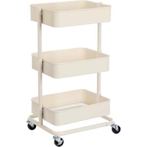 imageSONGMICS Rolling Cart 3Tier Storage Cart Storage Trolley with Handle 2 Small Organizers Steel Frame Plastic Baskets Utility Cart Easy Assembly for Bathroom Laundry Room White UBSC067W01Beige