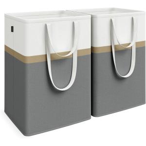 imageSONGMICS Set of 2 Laundry Basket 110 L Foldable Laundry Hamper Clothes Hamper Bag with Short and Long Handles Easy to Transport and Clean Freestanding for Bedroom Bathroom Slate Gray ULCB210G01Slate Gray