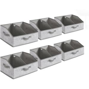 imageSONGMICS Set of 6 Storage Baskets Foldable Storage Bins with Removable Dividers Fabric Boxes 157 x 118 x 79 Inches Closet Organizers 3 Handles for Living Room Cattail Gray URFB0140G01Cattail Gray