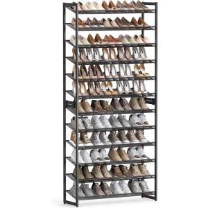 imageSONGMICS Shoe Rack 12Tier Shoe Organizer Metal Rack for Garage Set of 2 6Tier Stackable Shelf with Adjustable Flat or Angled Shelves Holds 4860 Pairs Bronze ULMR12ABlack