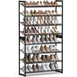 imageSONGMICS Shoe Rack 8Tier Shoe Organizer Metal Rack for Garage Set of 2 4Tier Stackable Shelf with Adjustable Flat or Angled Shelves 3240 Pairs Bronze ULMR08AInk Black