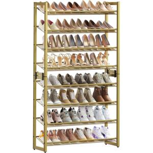 imageSONGMICS Shoe Rack 8Tier Shoe Organizer Metal Rack for Garage Set of 2 4Tier Stackable Shelf with Adjustable Flat or Angled Shelves 3240 Pairs Bronze ULMR08APale Gold
