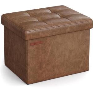 imageSONGMICS Small Folding Storage Ottoman Foot Rest Stool Cube Footrest Synthetic Leather 122 x 161 x 122 Inches 286 lb Capacity for Living Room Bedroom Dorm Coffee Brown ULSF100K01Coffee Brown