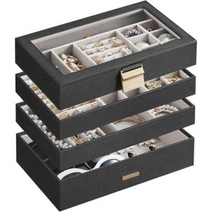 imageSONGMICS Stackable Jewelry Trays 4Tier Jewelry Box Drawer Jewelry Organizer with Glass Lid Removable Dividers for Vanity Table 67 x 11 x 72 Inches Gift Idea Cloud White UJBC164W01Ink Black