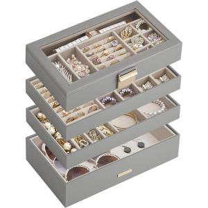 imageSONGMICS Stackable Jewelry Trays 4Tier Jewelry Box Drawer Jewelry Organizer with Glass Lid Removable Dividers for Vanity Table 67 x 11 x 72 Inches Gift Idea Cloud White UJBC164W01Dove Gray