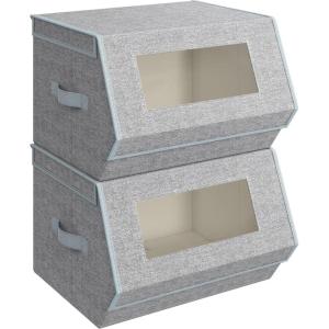 imageSONGMICS Stackable Storage Bins Set of 2 Storage Boxes with Lids and Front Windows NonWoven Fabric Closet Organizers with Magnetic Closures Side Handles Dove Gray URLB002W01Dove Gray