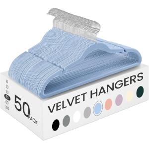 imageSONGMICS Velvet Hangers 50 Pack NonSlip Clothes Hangers with Shoulder Notches Pants Bar 360 Swivel Hook SpaceSaving for Closet Ink Black UCRF029B05Pale Blue