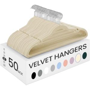 imageSONGMICS Velvet Hangers 50 Pack NonSlip Clothes Hangers with Shoulder Notches Pants Bar 360 Swivel Hook SpaceSaving for Closet Ink Black UCRF029B05Sand Beige