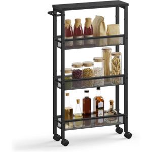 imageVASAGLE Slim Rolling Cart 4Tier Storage Cart Narrow Cart with Handle 87 Inches Deep Metal Frame for Kitchen Dining Room Living Room Home Office Rustic Brown and Classic Black ULRC033B01Ebony Black  Classic Black