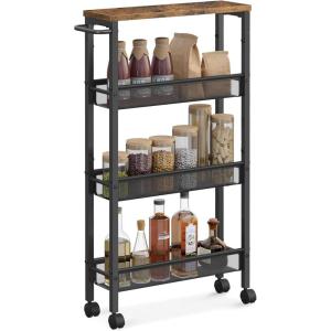 imageVASAGLE Slim Rolling Cart 4Tier Storage Cart Narrow Cart with Handle 87 Inches Deep Metal Frame for Kitchen Dining Room Living Room Home Office Rustic Brown and Classic Black ULRC033B01Rustic Brown  Classic Black