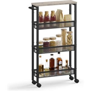 imageVASAGLE Slim Rolling Cart 4Tier Storage Cart Narrow Cart with Handle 87 Inches Deep Metal Frame for Kitchen Dining Room Living Room Home Office Rustic Brown and Classic Black ULRC033B01Heather Greige  Classic Black