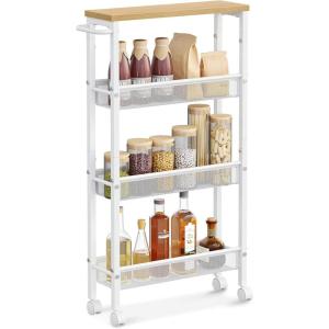 imageVASAGLE Slim Rolling Cart 4Tier Storage Cart Narrow Cart with Handle 87 Inches Deep Metal Frame for Kitchen Dining Room Living Room Home Office Rustic Brown and Classic Black ULRC033B01Oak Beige  Classic White