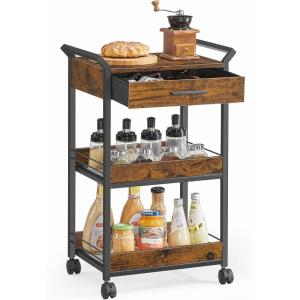 imageVASAGLE Storage Cart 3Tier Rolling Utility Cart with Table Top Handles 4 Lockable Casters Top Drawer Mesh Shelves for Kitchen Bathroom Bedroom Golden Oak and Cloud White ULRC048N01Rustic Brown  Ink Black