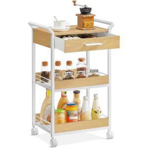 imageVASAGLE Storage Cart 3Tier Rolling Utility Cart with Table Top Handles 4 Lockable Casters Top Drawer Mesh Shelves for Kitchen Bathroom Bedroom Golden Oak and Cloud White ULRC048N01Golden Oak  Cloud White