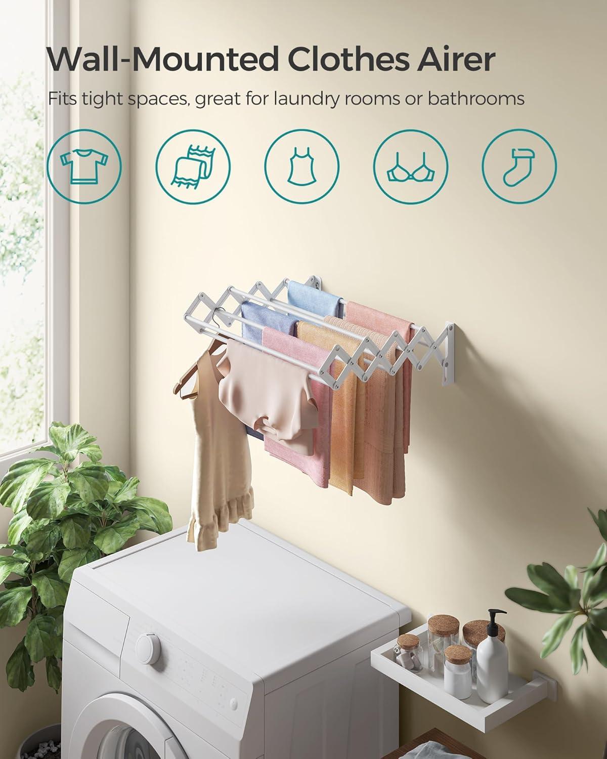 imageSONGMICS Clothes Drying Rack WallMounted Drying Rack Clothing Small Accordion Laundry Rack 9 Staggered Hanging Rods Expandable and Retractable Cloud White ULLR802W01Cloud White