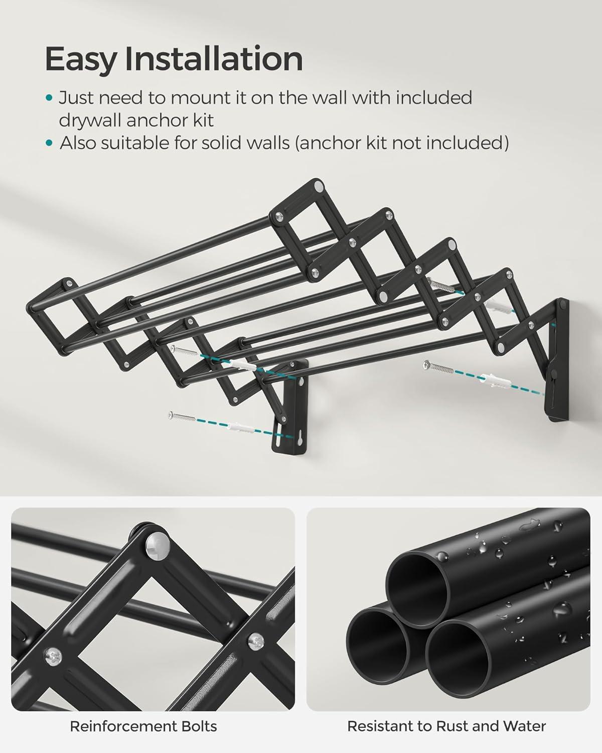 imageSONGMICS Clothes Drying Rack WallMounted Drying Rack Clothing Small Accordion Laundry Rack 9 Staggered Hanging Rods Expandable and Retractable Cloud White ULLR802W01Ink Black