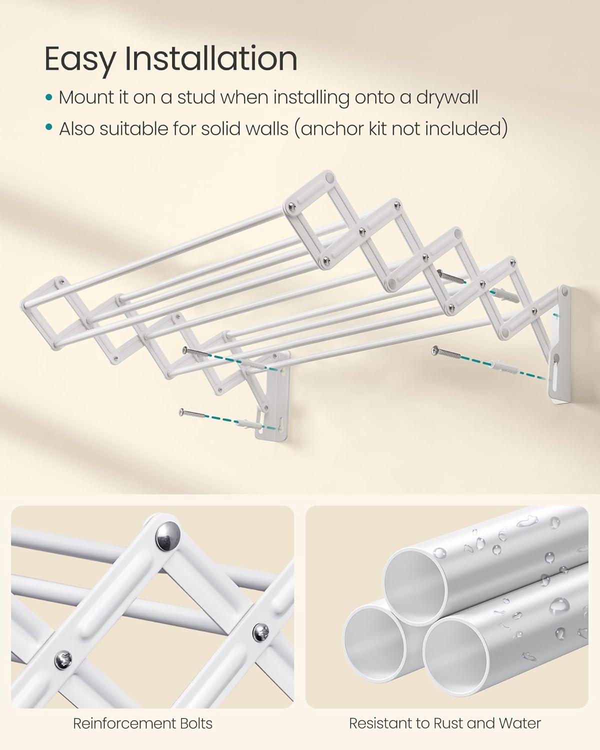 imageSONGMICS Clothes Drying Rack WallMounted Drying Rack Clothing Small Accordion Laundry Rack 9 Staggered Hanging Rods Expandable and Retractable Cloud White ULLR802W01Cloud White