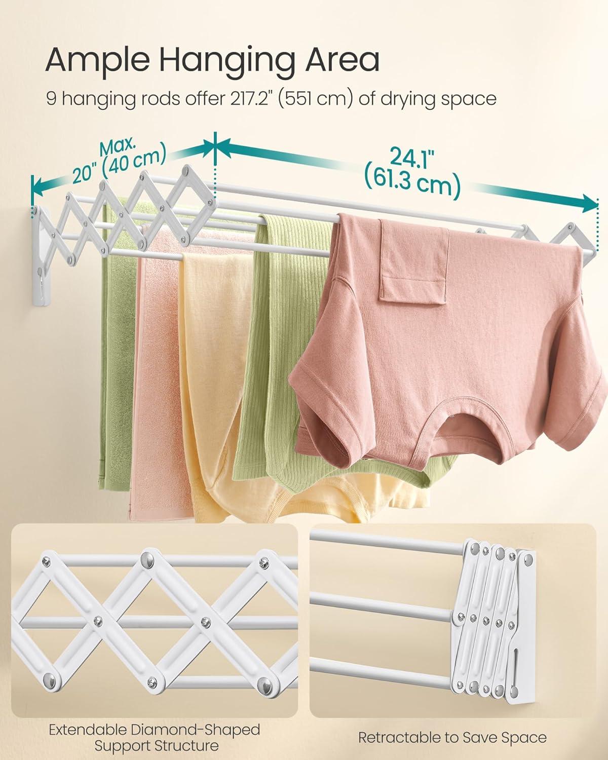 imageSONGMICS Clothes Drying Rack WallMounted Drying Rack Clothing Small Accordion Laundry Rack 9 Staggered Hanging Rods Expandable and Retractable Cloud White ULLR802W01Cloud White